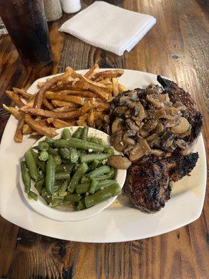 Hand Cut 18oz Ribeye with Fresh cut Old Bay Fries and homestyle green beans