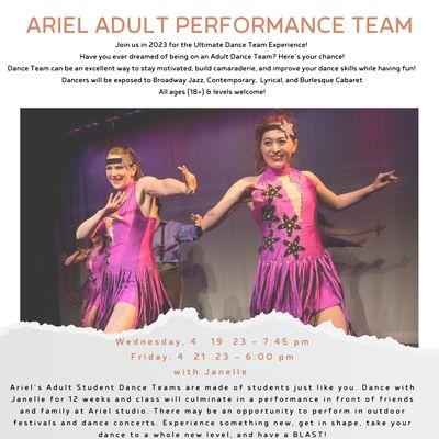 Interested in pursuing dance performance opportunities? Join our Adult Student Dance Team starting 4/19 at 7:45 pm 4/21 at 6 pm