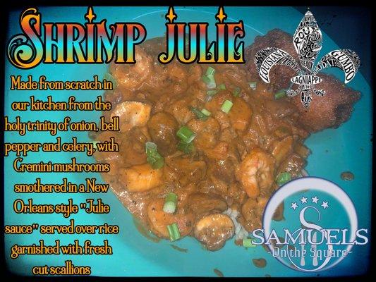 Shrimp in a New Orleans style Julie sauce made with onion celery bell pepper tomato sauce and cream with Cremini mushrooms served over rice.