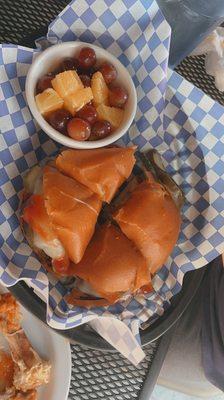 Kids Burger and our server made a fruit salad special instead of french fries. Yum!