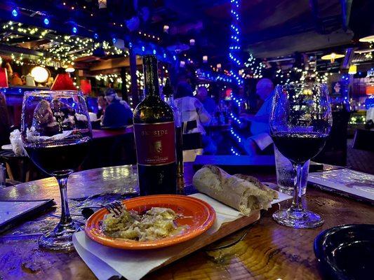 Bread, wine, and garlic with olive oil and balsamic