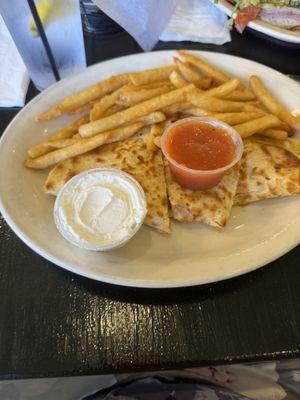 Cheesy Chicken Quesadilla with fries