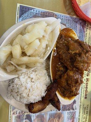 Ox tail with yuca plantains white rice