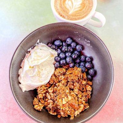 Granola bowl with fresh berries and latte IG: michellelieats