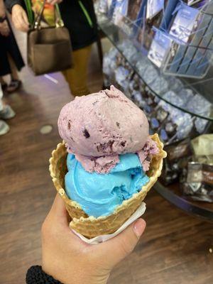 Blueberry waffle cone + blue raspberry & vanilla