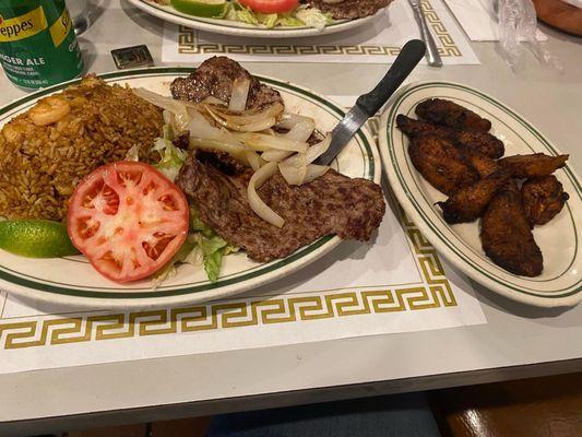 Steak,shrimp fried rice, plantano maduros (fried sweet plantains)& salad