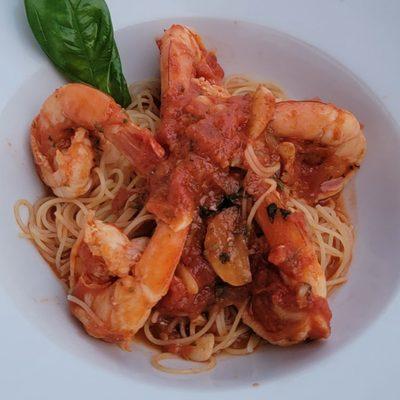 Shrimp in red sauce and linguini