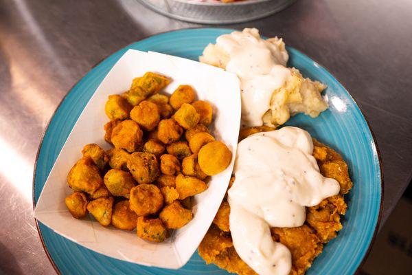 Chicken Fried Steak, Mashed Potatoes and Fried Okra!!