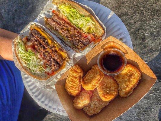 Halal Double cheeseburger and chicken nuggets