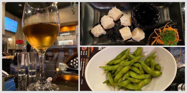 Plum wine, shumai and spicy edamame.