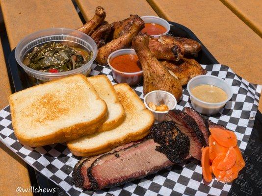 Chicken Leg Quarters, Brisket, Collard Greens-Shrimp, Pullman Sourdough Bread