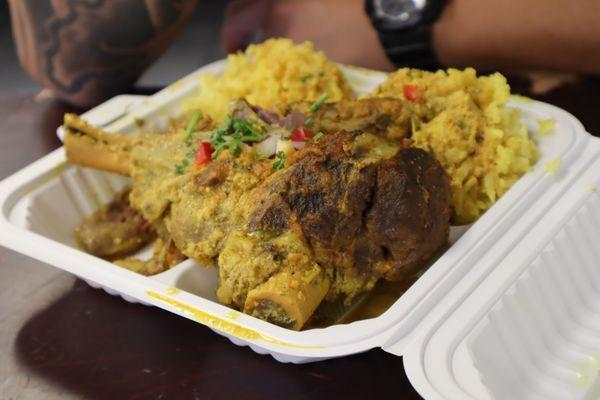 Lamb, Saffron Rice, and Green Salad.