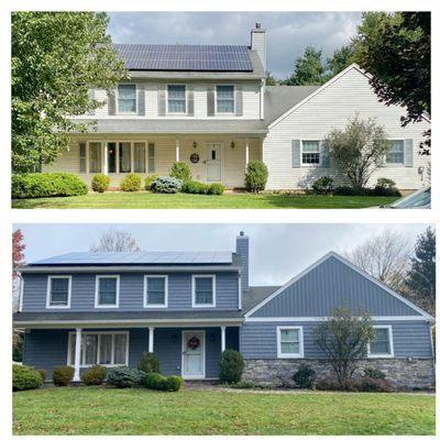 Before and after picture of my house. "All Pro Vynal Siding" did a fantastic job and turned my drab house into something more modern looking