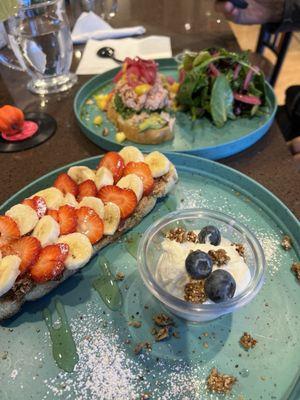 Banana and strawberry almond toast and salmon avocado toast