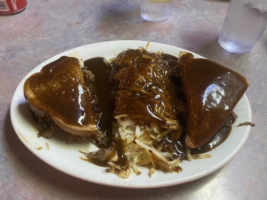 Hot beef and hash browns.  Yum.