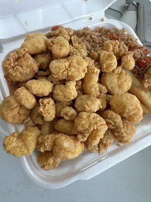 Popcorn shrimp special including popcorn shrimp, shrimp fried rice and French fries