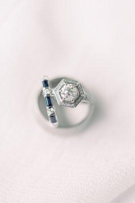 David created the sapphire and diamond band to complement my engagement ring and a wedding band for my groom