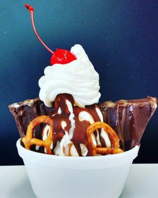 The new freaky bat sundae! Caramel and pretzels and brownies, oh my!