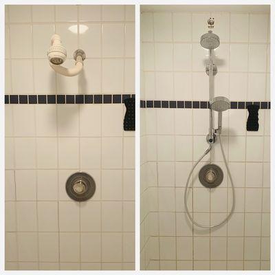 Before and after of hydrorail shower system.