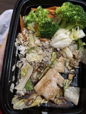 Chicken teriyaki, white rice and cold bland veggies .