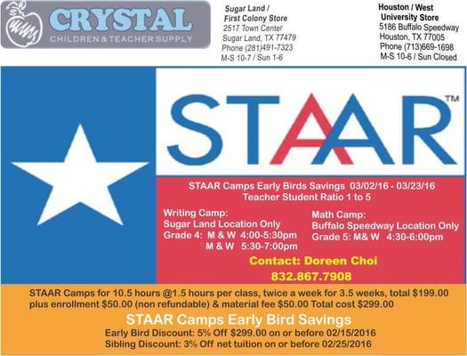 Enroll your child today in our STAAR camp.  There will be sessions for math and writing, and the teacher ratio will be 1 to 5.