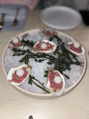 Oysters Dario with spicy beef tartare & frozen lime - beef tartare saltiness overpowers the oysters but frozen lime is good - 6/10