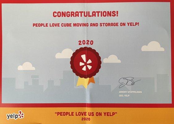 2020 was not a bad year, we've got another award. Thank you Yelp for delivering such a warm message. #cubemoving #sandiegomovers #bestmovers