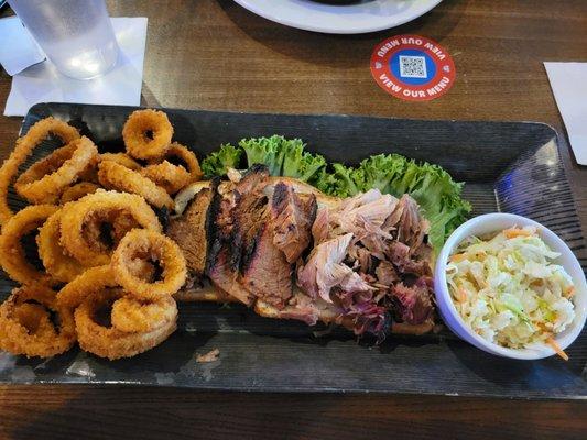 2 meat plate, brisket and pork, GREAT rings and slaw.  $18.95