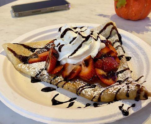 #2 crepe combo: chocolate sauce, strawberries & whipped cream