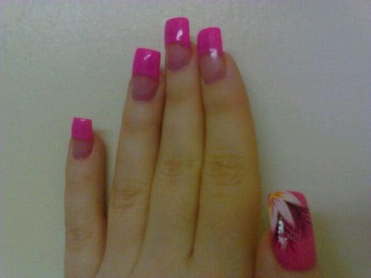 Hot pink french tip (painted design, not fashion tips) w/flower design on thumb.