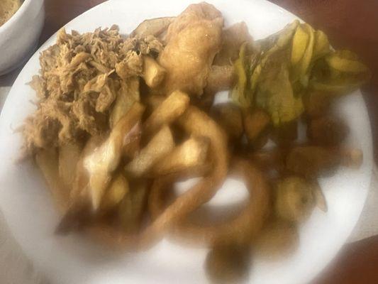 Lunch buffet - onion rings- bbq- squash -okra & fish fillets