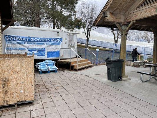 Snack shack, and fire pit to the right by the coveted pavilion