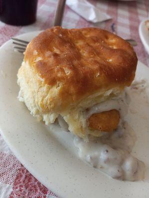 The 'Clucker'- delicious fried chicken with a little sausage gravy on one of the fresh home made bisquits.