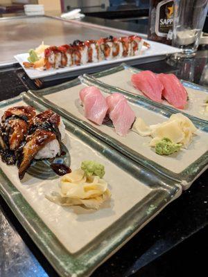 Unagi, hamachi, and tuna nigiri