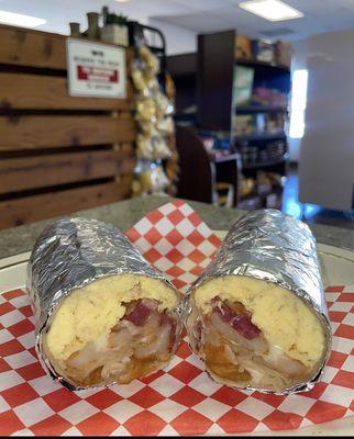 Breakfast burrito comes with potatoes, eggs, cheese and choice of chorizo, ham and bacon