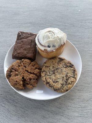 Brownie, two cookies and a blueberry morning bun