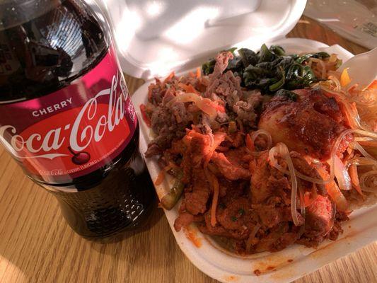 Combo#2- Beef & spicy bulgogi w/double greens topping white rice, and noodles and potatoes. Comes with crab rangoon and egg roll. Coke drink