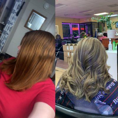 Cherry did an amazing job on my previously box dyed hair!!!! before (Left) After (right)