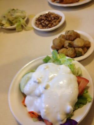 Tossed Salad (nice portion for $1.45) with Blue Cheese Dressing; Fried Okra at $1.25; Cabbage for $1.15.