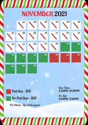 Elf Acres Christmas light drive thru 2021 calender