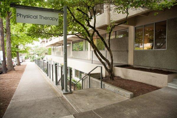 These stairs lead down to our front door. However, elevator access is available for ADA entry to the clinic.