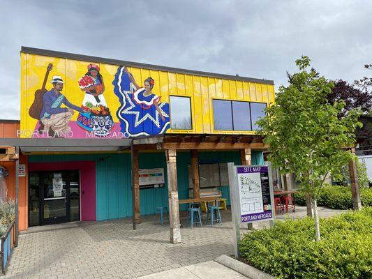 The main Portland Mercado building entrance with Site Map