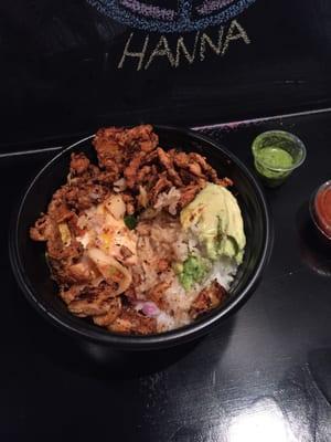 Bowl with chicken, white rice and southeast vegetables