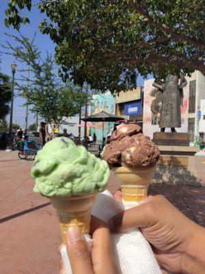 Enjoying the ice cream outside.