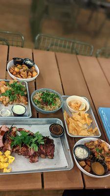 Pork ribs, Karage, fiesta potatoes, salmon dip, sesame noodles