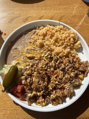 Machaca, rice, beans, jalapeño