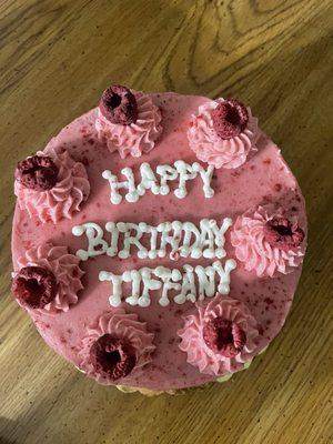 Chocolate cake with raspberry compote and raspberry frosting.