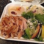 Chicken Shawarma with feta salad hummus and rice