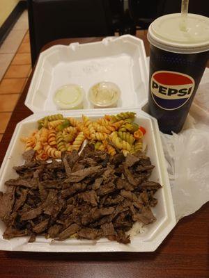 Beef Shawerma, rice, 2 sides of pasta salad with Mountain Dew