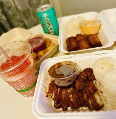 Chicken Katsu musubi and ahi Katsu musubi turned into a bowl, guava slushy with li hing mui on top & tater tots.